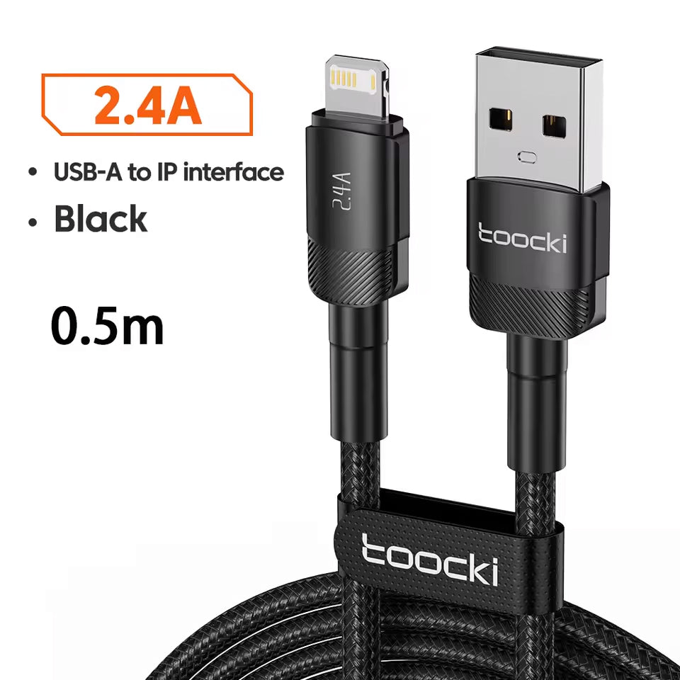 Toocki USB A-L Non-MFI Braided Fast Charging Data Cable (BLACK) (3ft) (12W) (Only Ground Shipping)