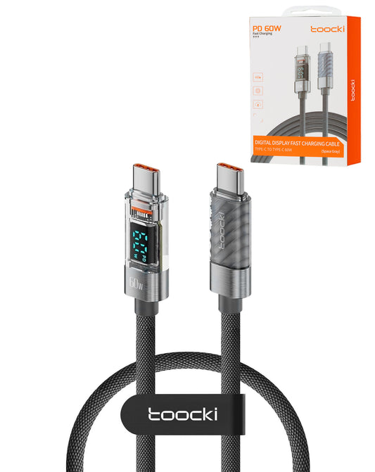 Toocki USB C-C Super Fast Charging Data Cable with Display (GRAY) (60W) (3ft)