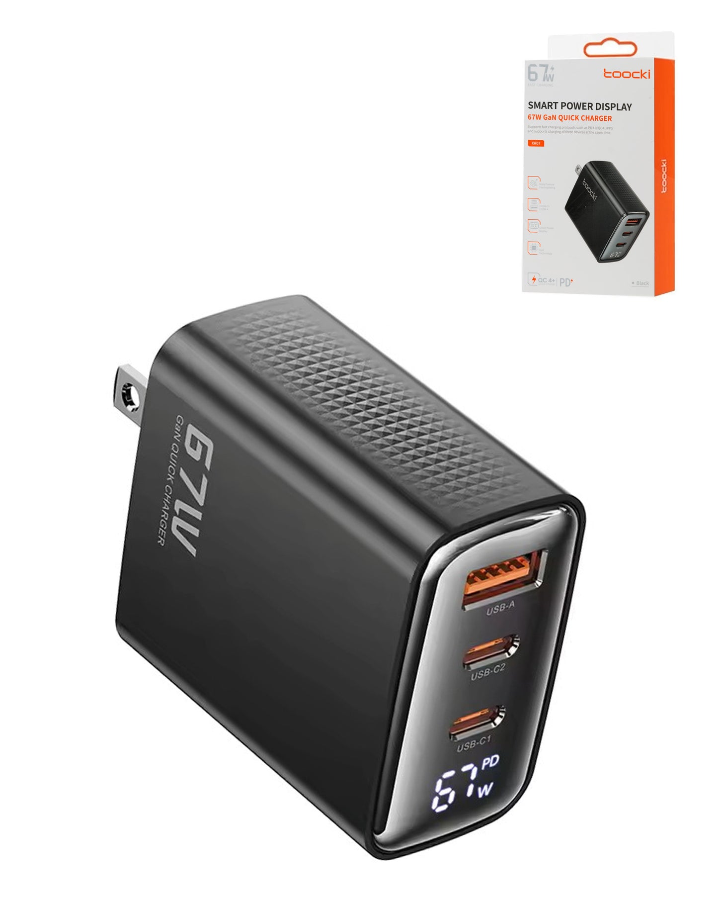 Toocki 67W USB A+ 2x USB C Super Fast GaN Charger (BLACK) (Only Ground Shipping)