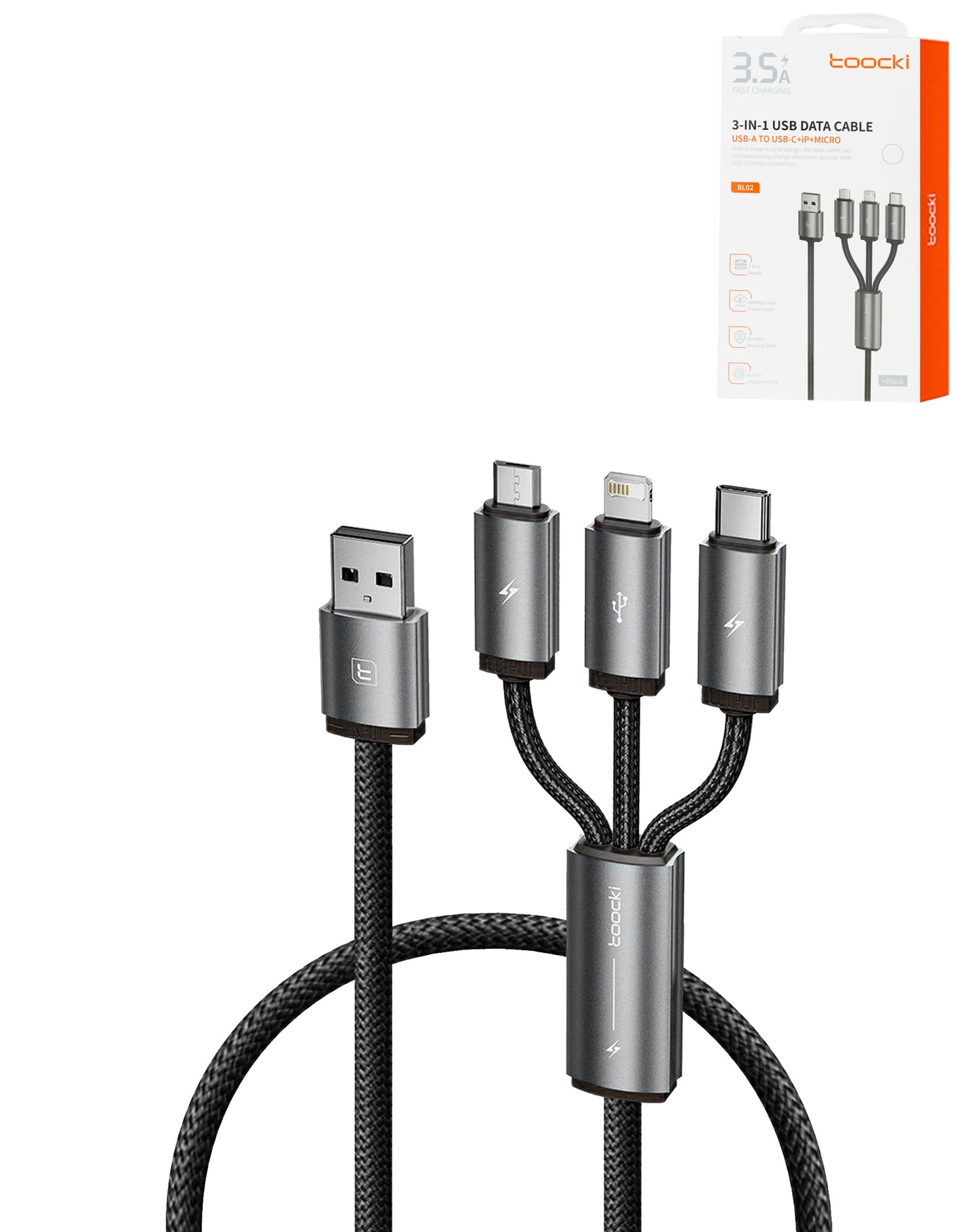 Toocki 3in1 Aluminum USB A to C + M + L Charging Data Cable (3ft) (18W) (Only Ground Shipping)