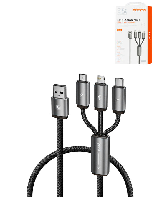 Toocki 3in1 Aluminum USB A to C + M + L Charging Data Cable (3ft) (18W) (Only Ground Shipping)