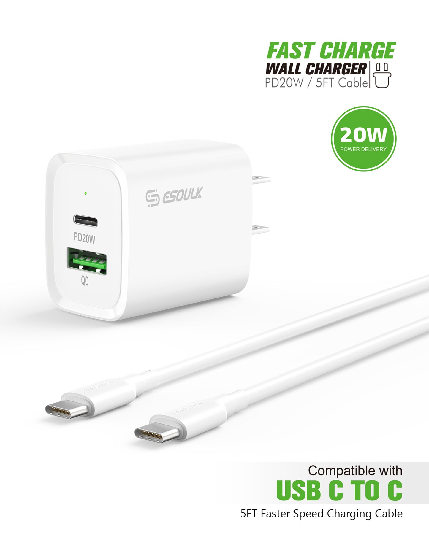 Esoulk USB C+A PD/QC Wall Adapter with USB C-C Cable (5ft) (20W) (WHITE) (Only Ground Shipping)