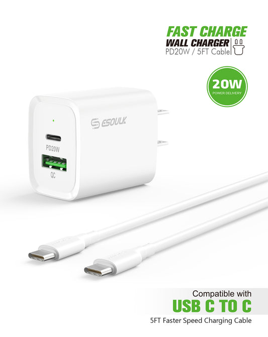 Esoulk USB C+A PD/QC Wall Adapter with USB C-C Cable (5ft) (20W) (WHITE) (Only Ground Shipping)