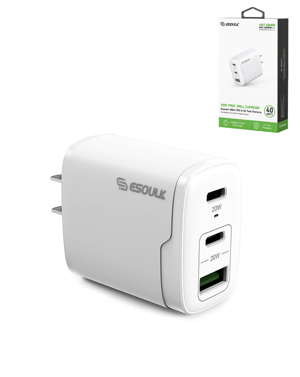 Esoulk EA18 Dual USB-C + USB-A Fast Wall Charger (WHITE) (40W) (Only Ground Shipping)