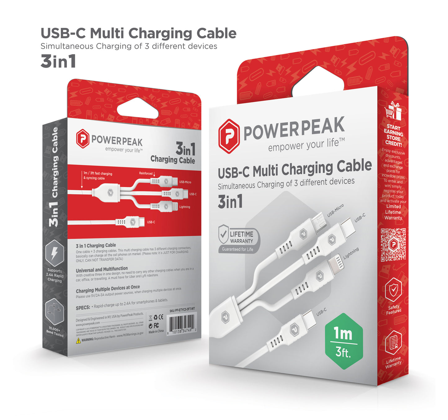 PowerPeak ECONOMY 3in1 USB-C to C+A+M Cable (WHITE) (3ft) (18W) (Only Ground Shipping)