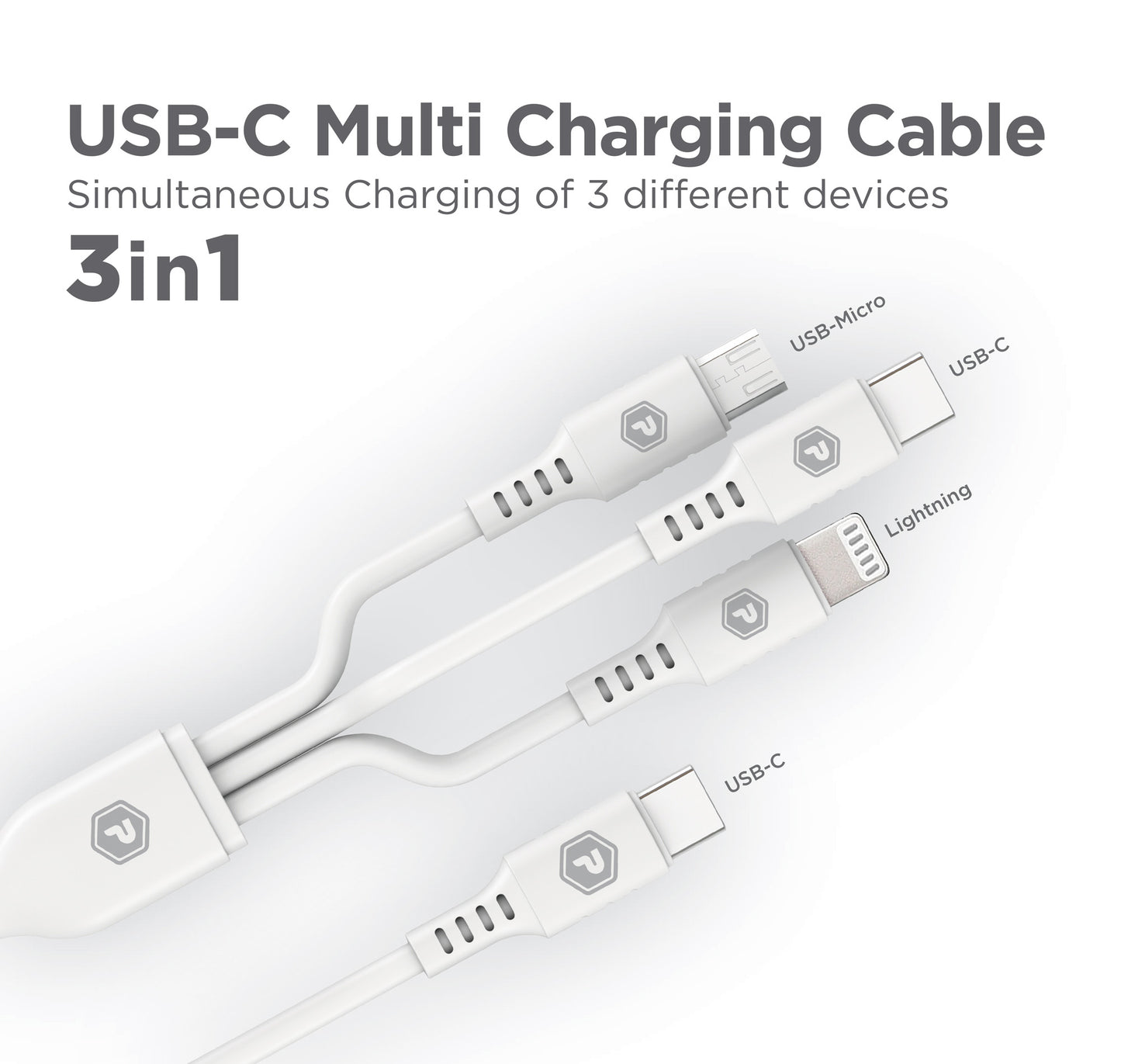 PowerPeak ECONOMY 3in1 USB-C to C+A+M Cable (WHITE) (3ft) (18W) (Only Ground Shipping)