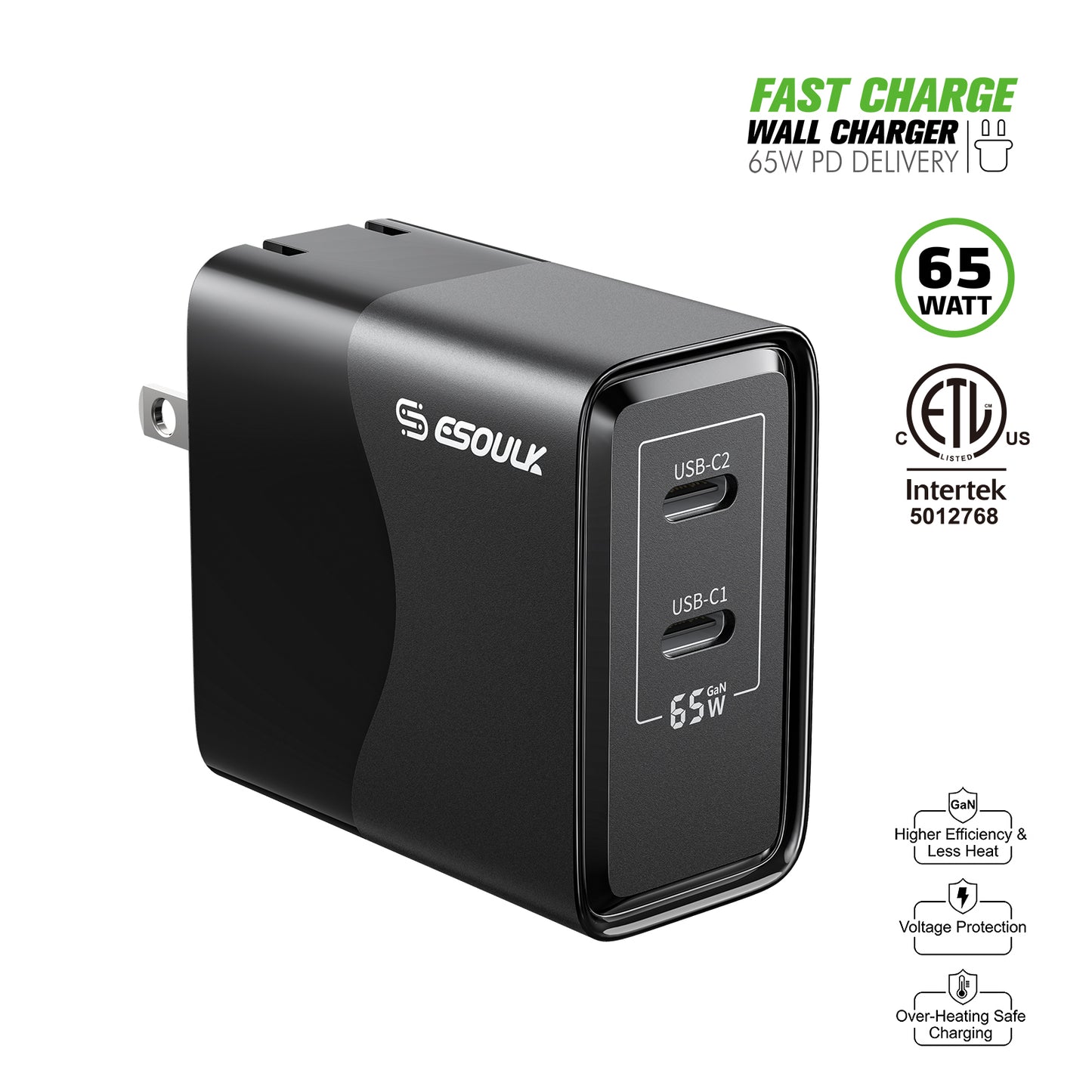 Esoulk EK2005 Dual USB C Wall Charging Plug (BLACK) (65W) (Only Ground Shipping)