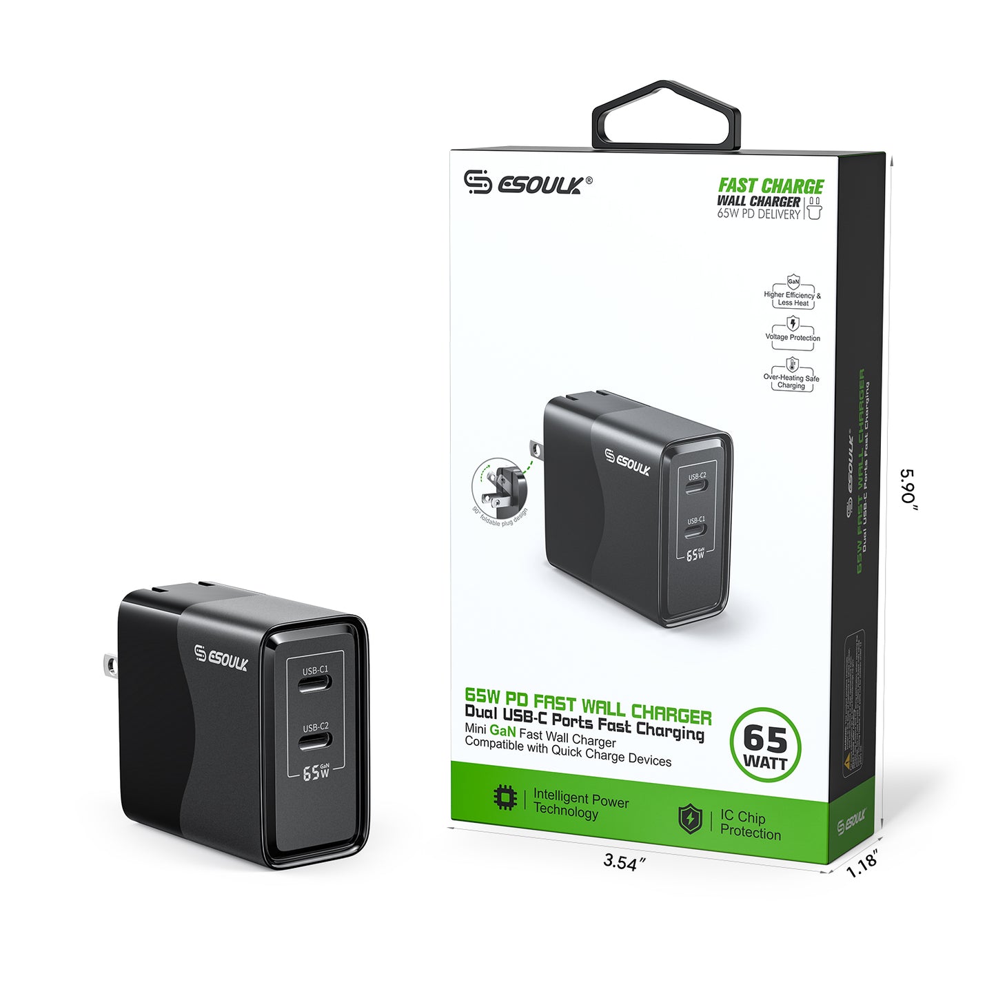 Esoulk EK2005 Dual USB C Wall Charging Plug (BLACK) (65W) (Only Ground Shipping)