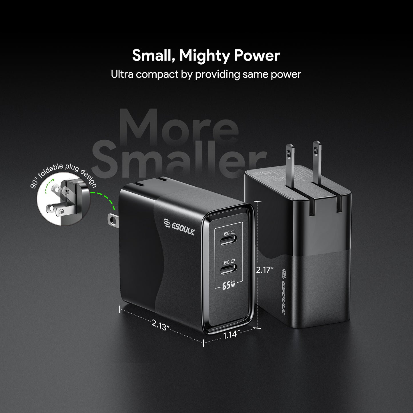 Esoulk EK2005 Dual USB C Wall Charging Plug (BLACK) (65W) (Only Ground Shipping)