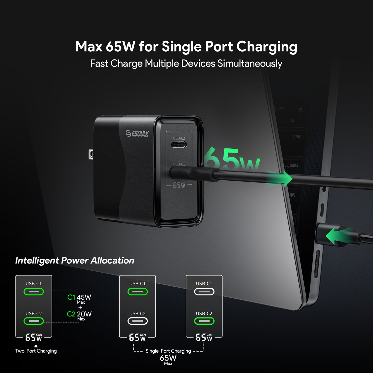 Esoulk EK2005 Dual USB C Wall Charging Plug (BLACK) (65W) (Only Ground Shipping)