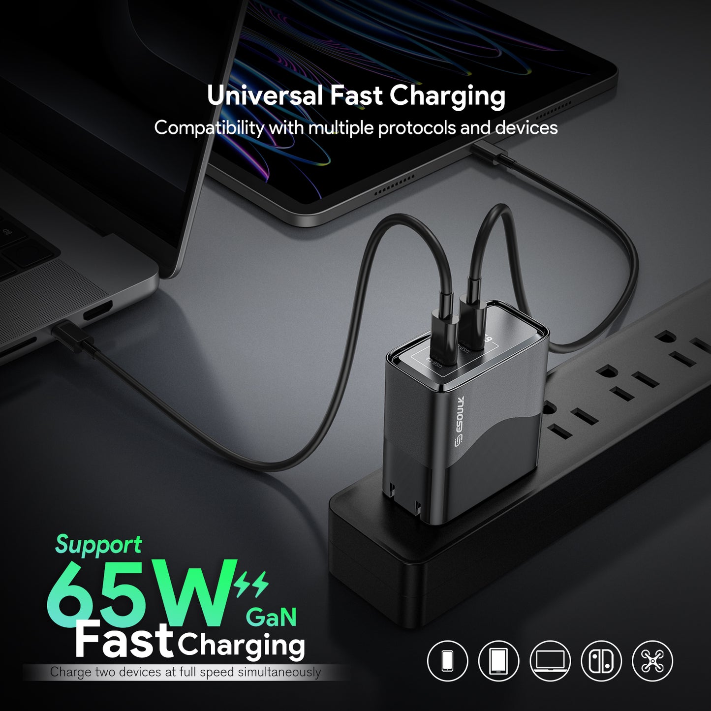 Esoulk EK2005 Dual USB C Wall Charging Plug (BLACK) (65W) (Only Ground Shipping)