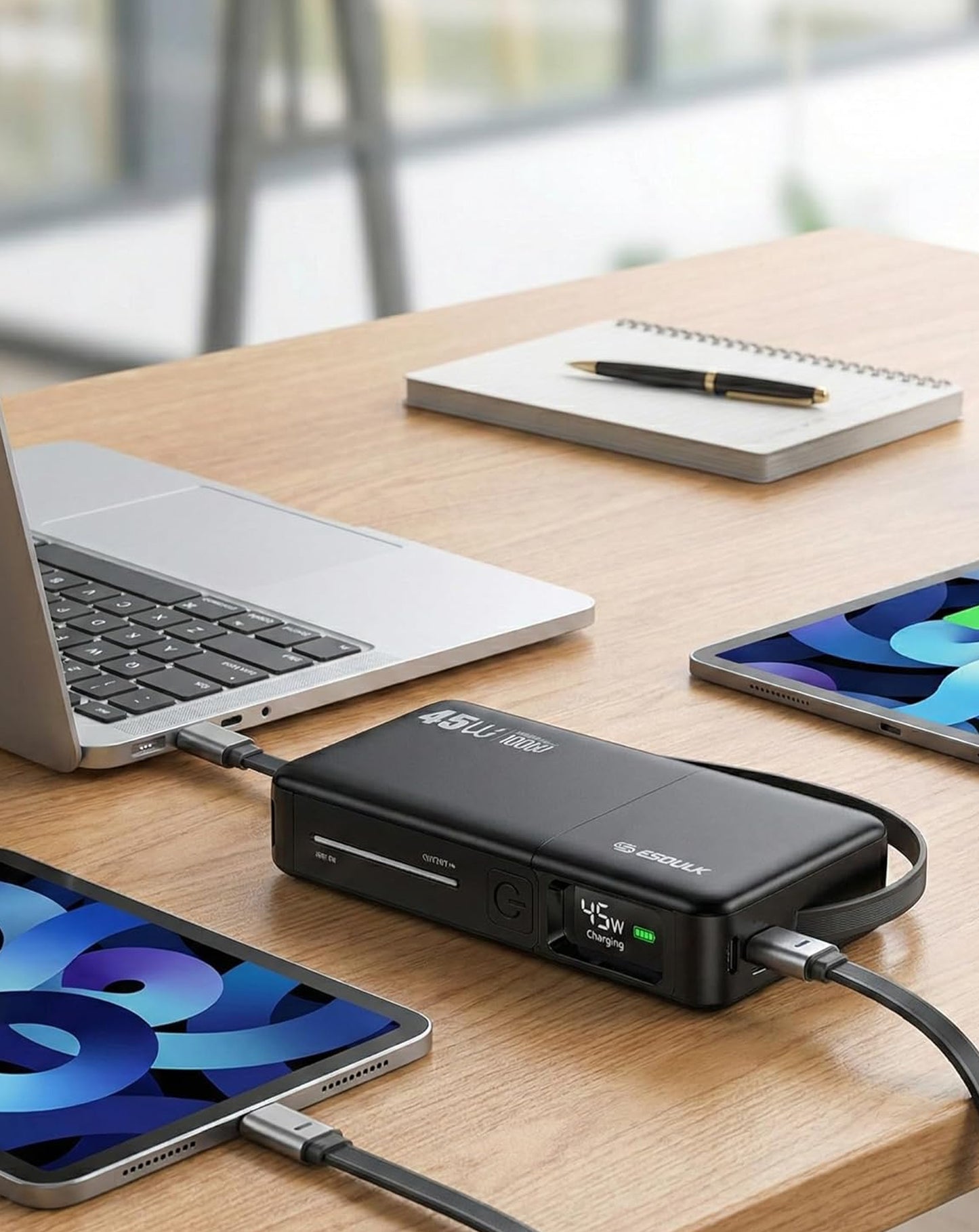 Esoulk Built-in Retractable Cable Power Bank (BLACK) (10000 mAh / 45W) (Only Ground Shipping)