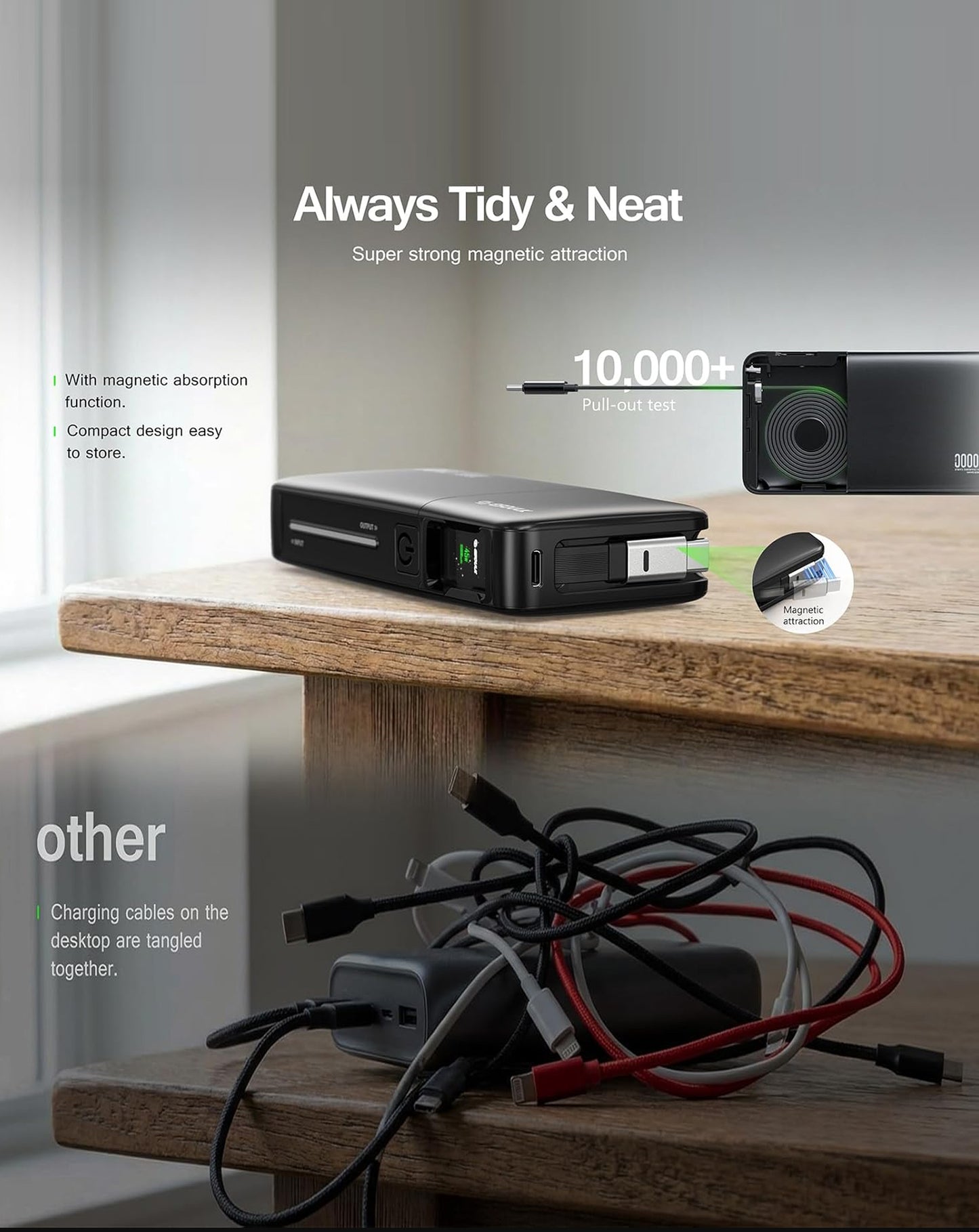 Esoulk Built-in Retractable Cable Power Bank (BLACK) (10000 mAh / 45W) (Only Ground Shipping)