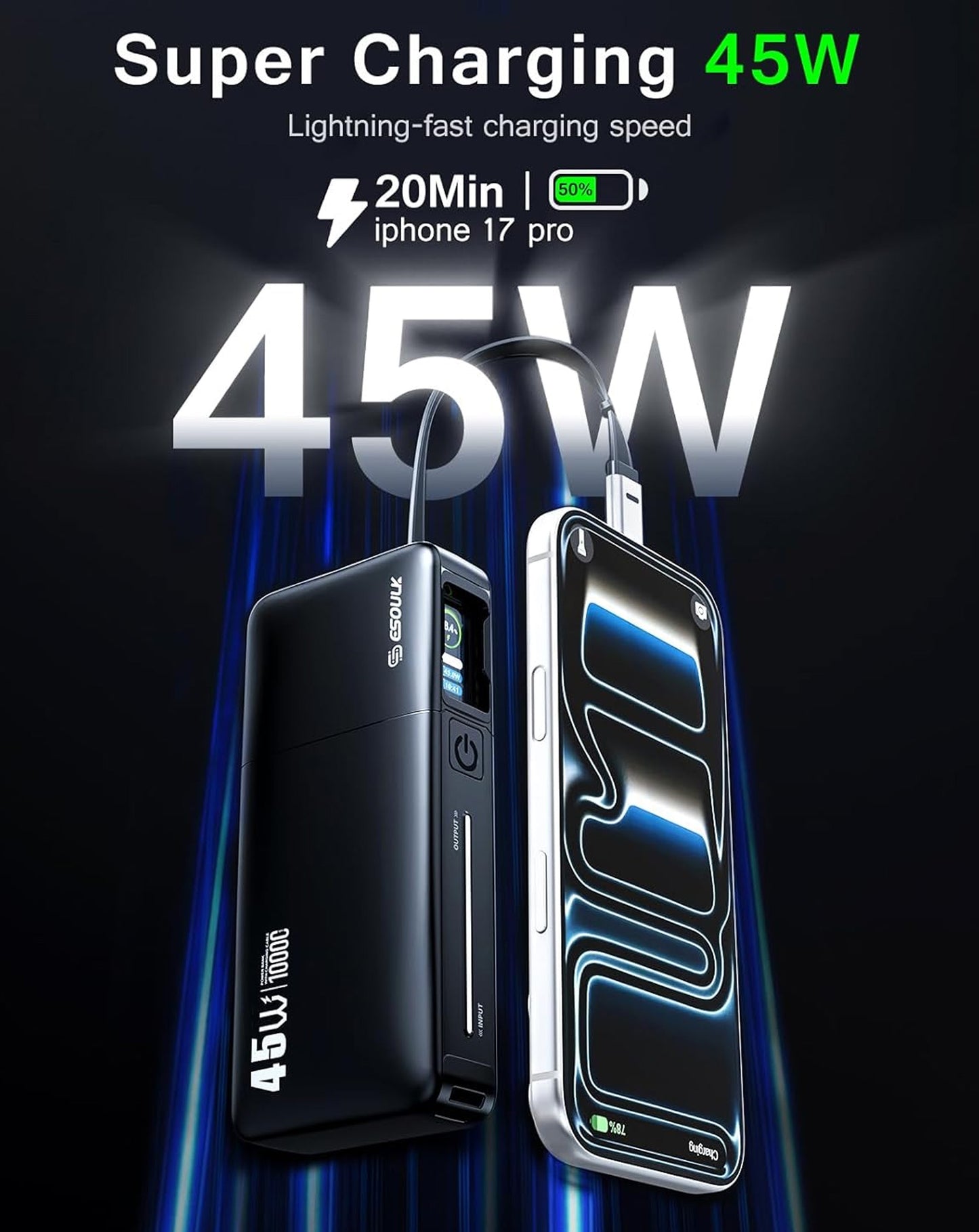 Esoulk Built-in Retractable Cable Power Bank (BLACK) (10000 mAh / 45W) (Only Ground Shipping)