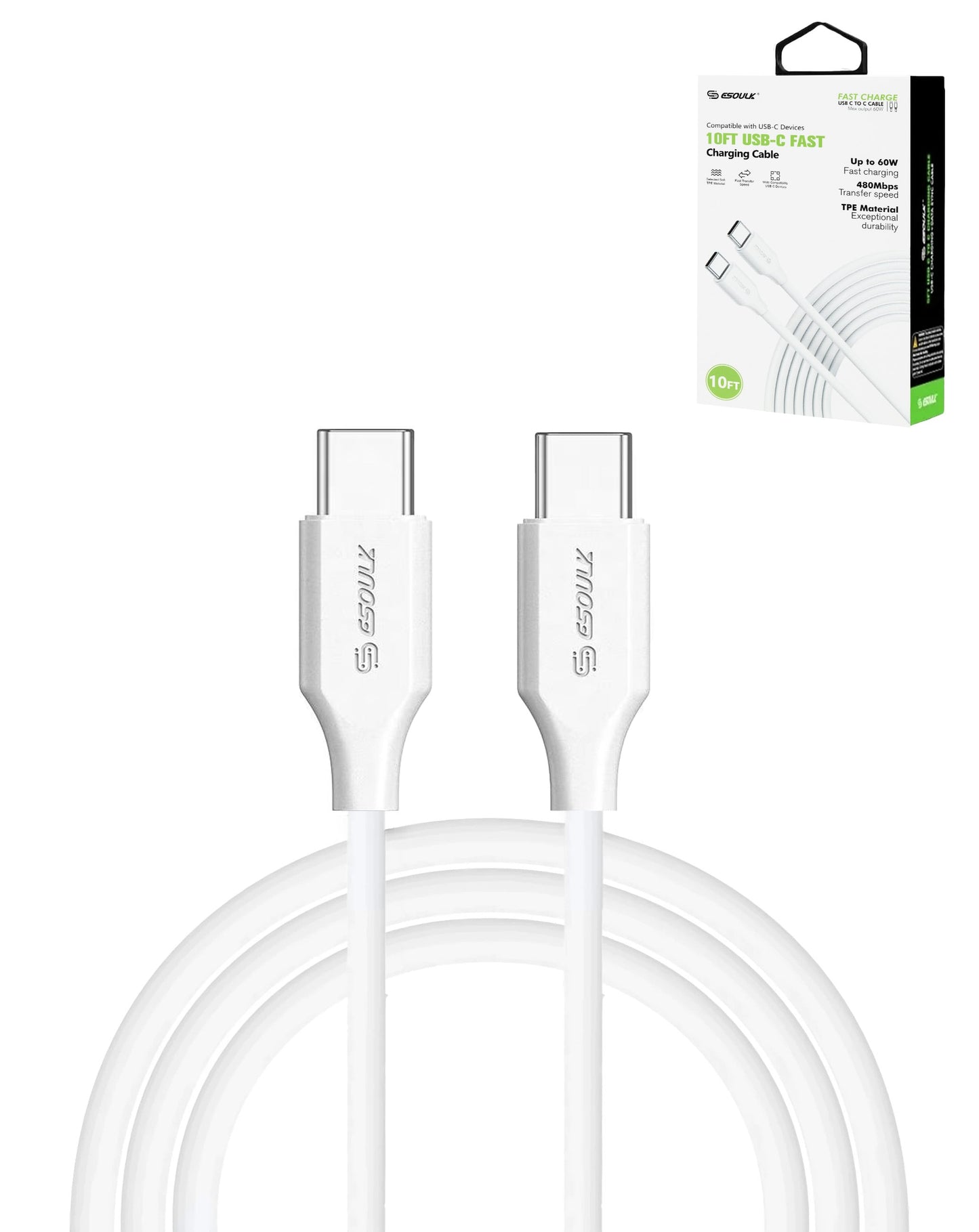 Esoulk EK1005 USB C-C Charging Cable (WHITE) (10ft) (60W) (Only Ground Shipping)