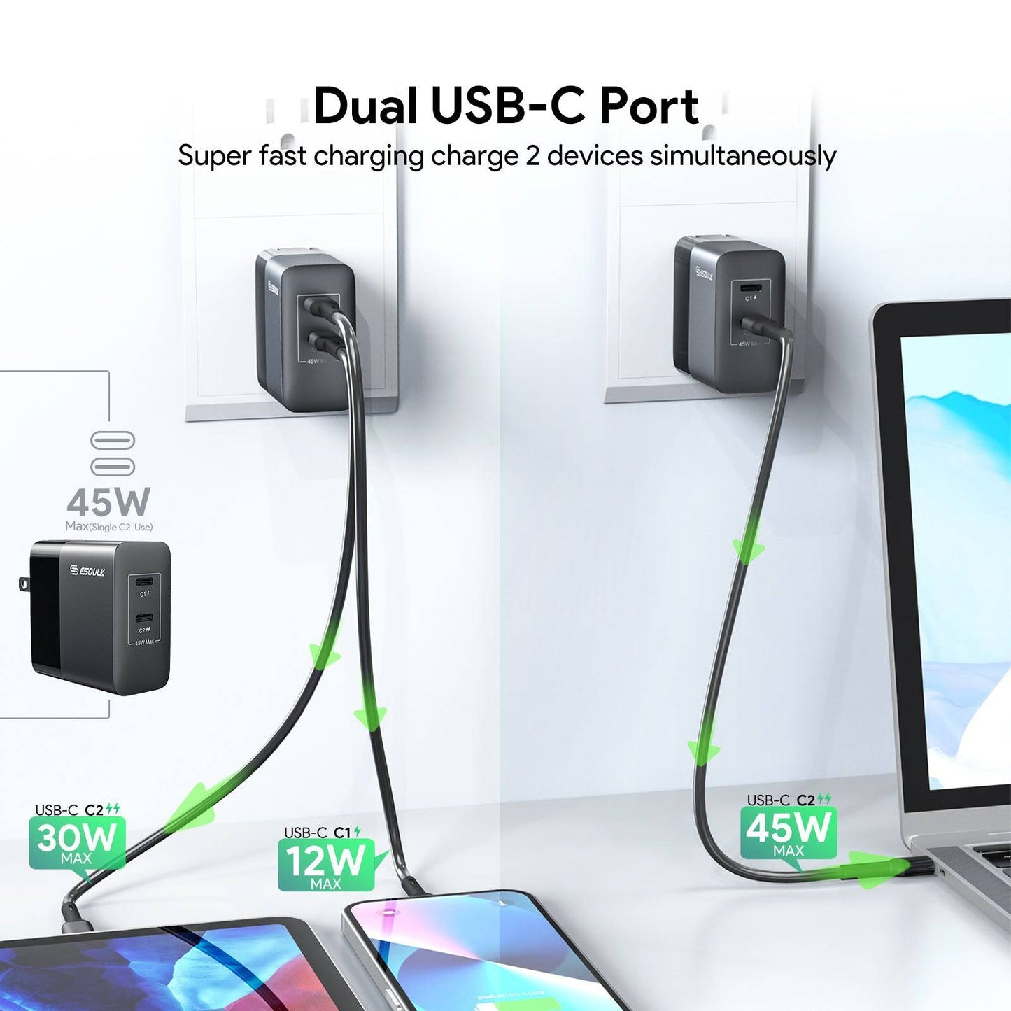 Esoulk PD Dual USB-C Wall Charger (45W) (Black)