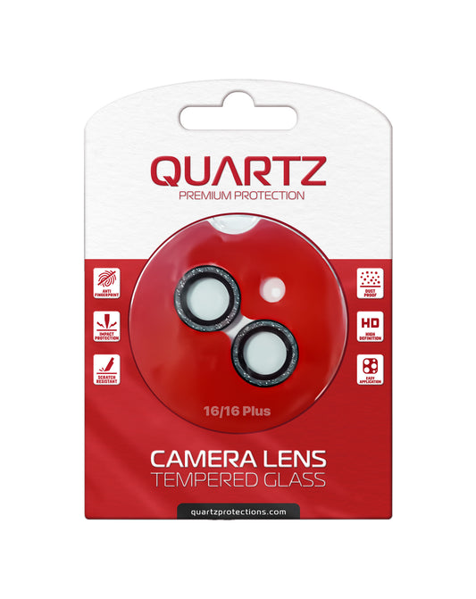 QUARTZ HD Tempered Glass with Glitter Diamond Camera Lens for iPhone 16 / 16 Plus Back Camera (BLACK