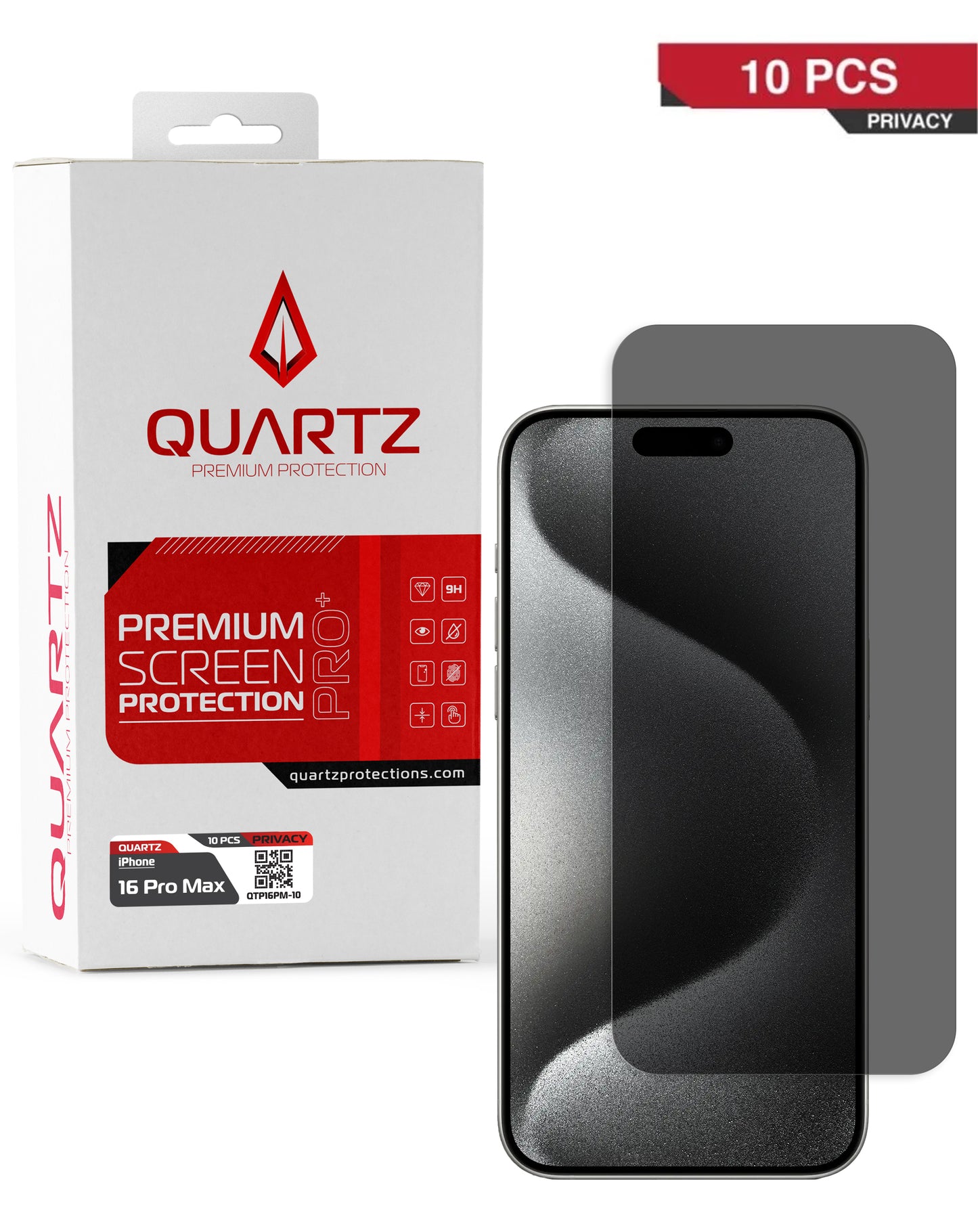 QUARTZ Privacy Tempered Glass for iPhone 16 Pro Max / 17 Pro Max (Pack of 10)