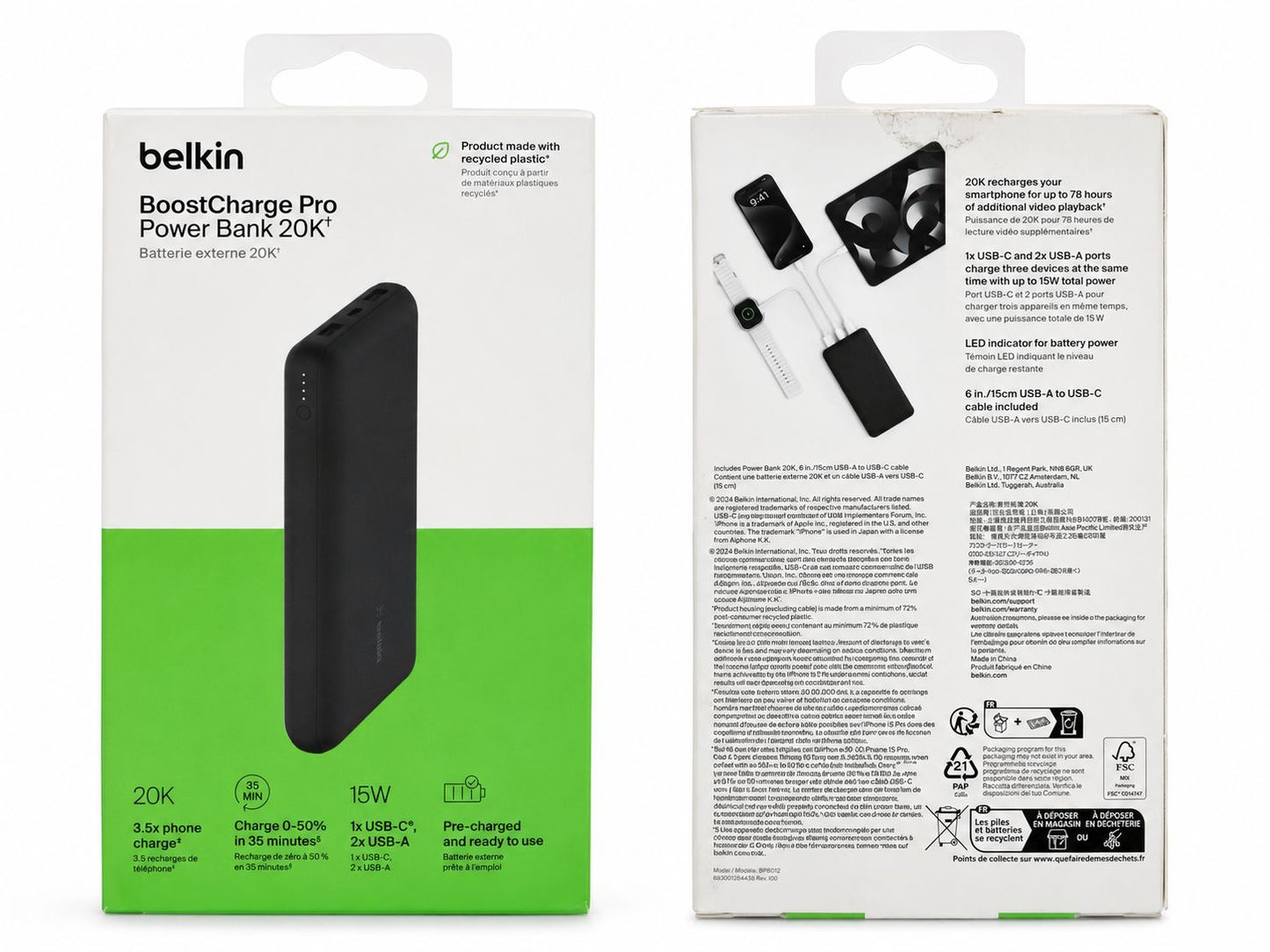 Belkin BoostCharge 20000 mAh 3-Port USB-A/USB-C Power Bank (15W) (Open Box)