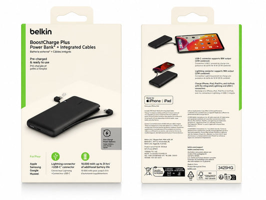 Belkin BoostCharge 10k mAh Power Bank with L-C Cables (Open Box)