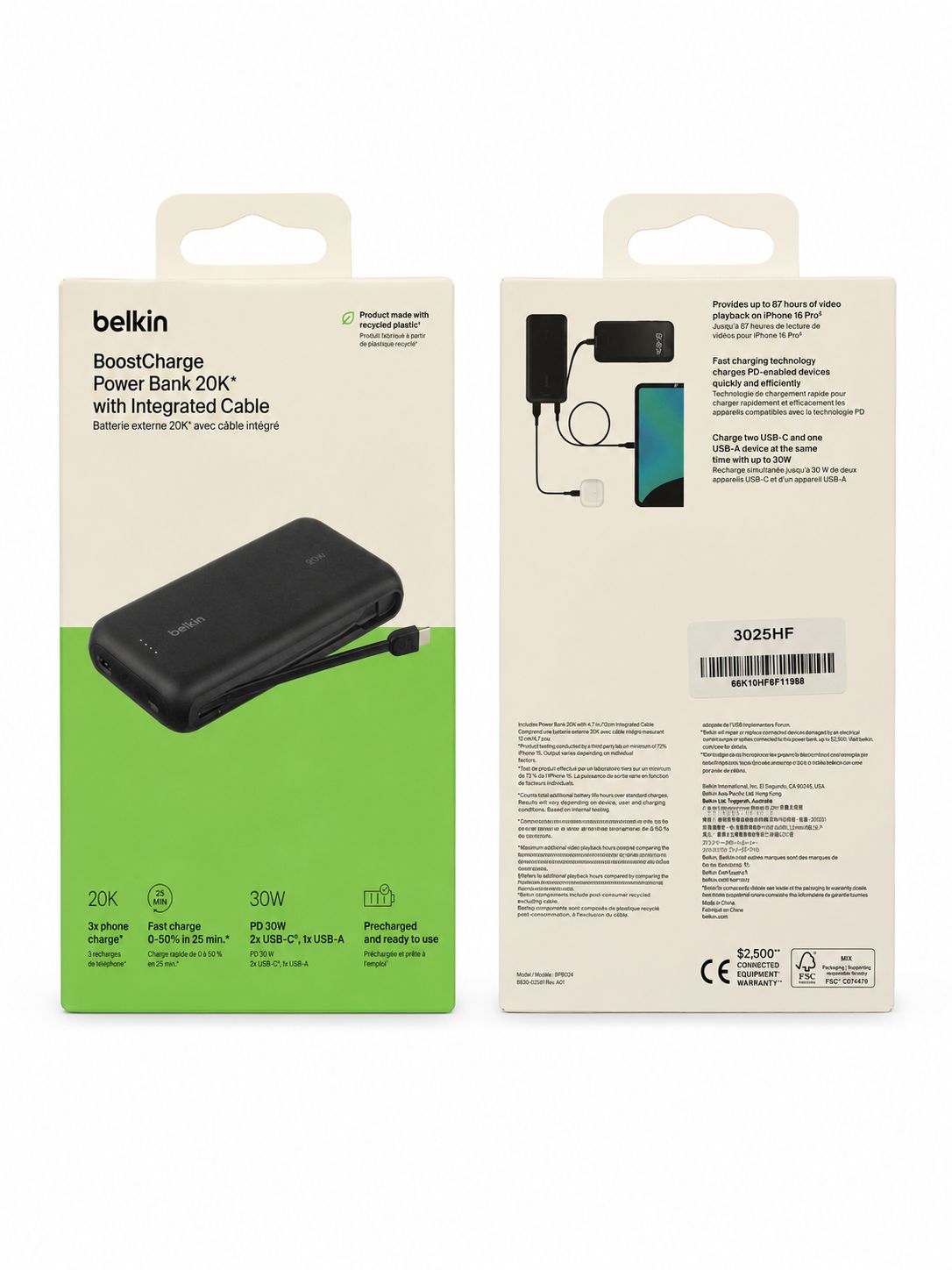 Belkin Power Bank with Integrated Cable 20000 mAh 30W (Open Box)