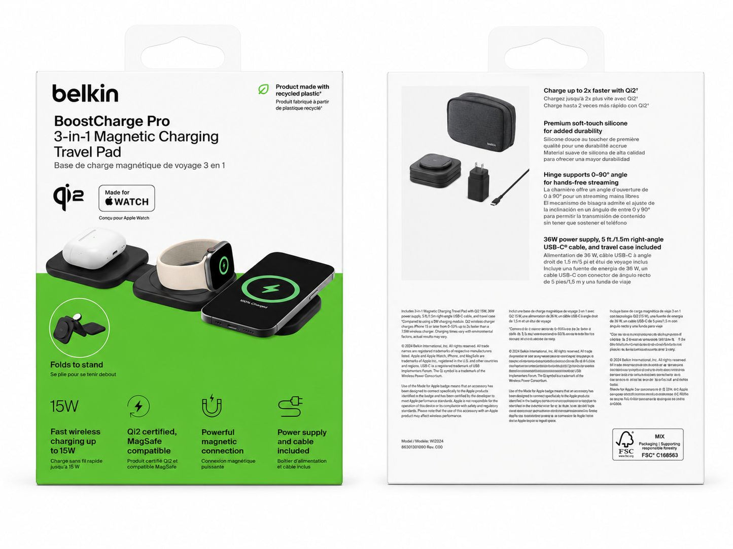 Belkin 3-in-1 15W Qi2 Wireless Travel Charging Pad with Travel Bag (Open Box)
