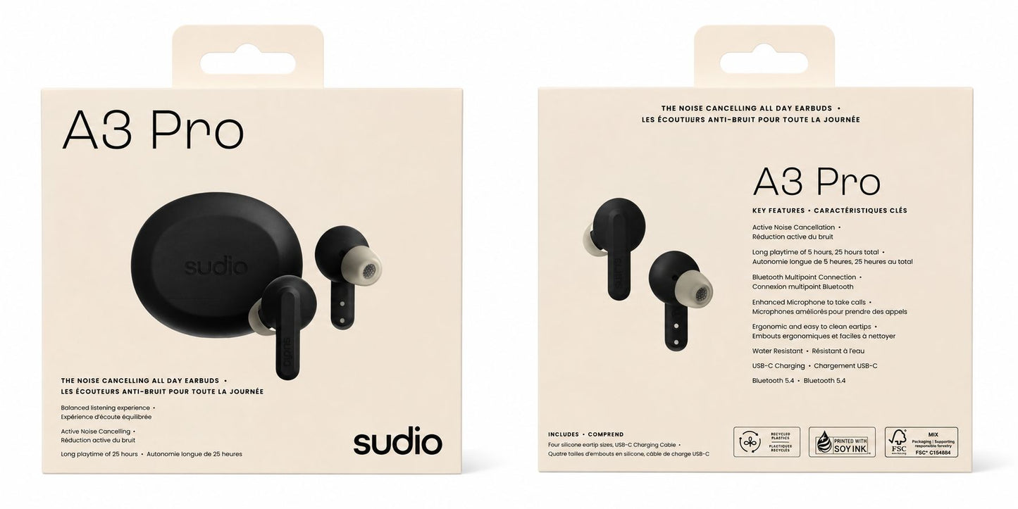 Sudio A3 Pro Audio In-Ear Noise Cancelling True Wireless Earbuds (Open Box)