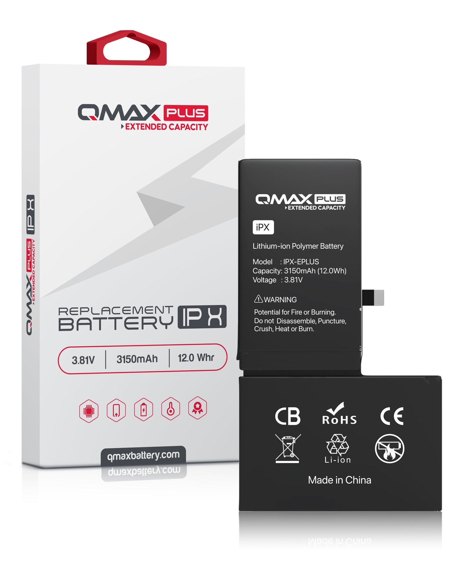 QMAX Plus iPhone X Extended Capacity Replacement Battery (3150 mAh)