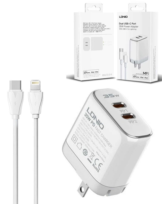 LDNIO A2528C Dual USB C Wall Charger with USB C-L MFI Cable (3ft) (35W) (Only Ground Shipping)