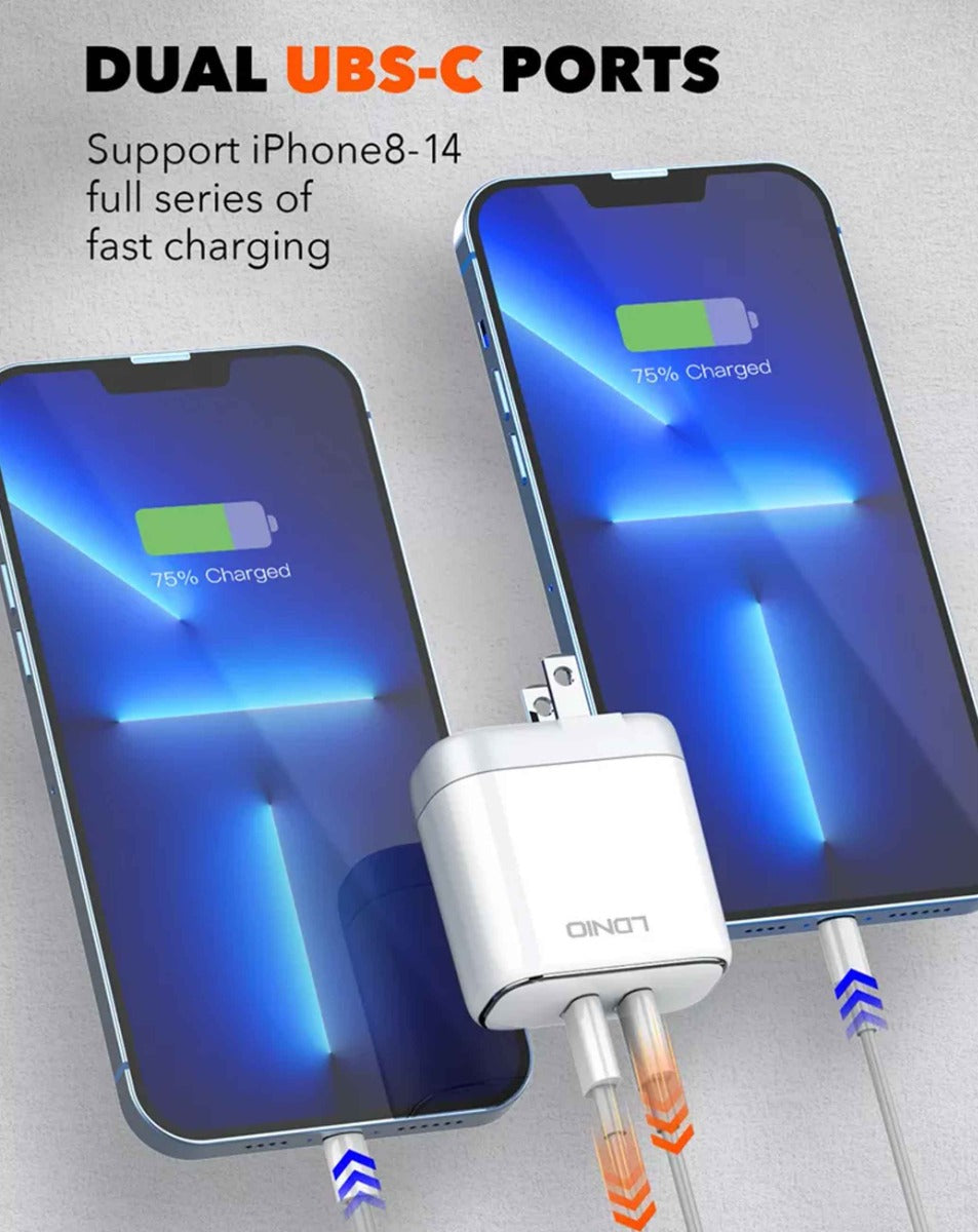 LDNIO A2528C Dual USB C Wall Charger with USB C-L MFI Cable (3ft) (35W) (Only Ground Shipping)