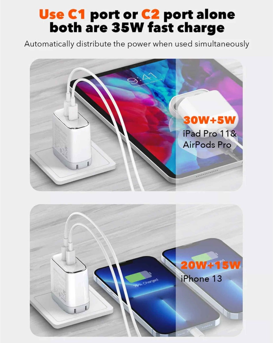 LDNIO A2528C Dual USB C Wall Charger with USB C-L MFI Cable (3ft) (35W) (Only Ground Shipping)