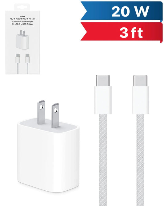 iPhone 15 Series Type C Power Adapter w/ USB Type C to Type C Cable (20W) (3 ft)
