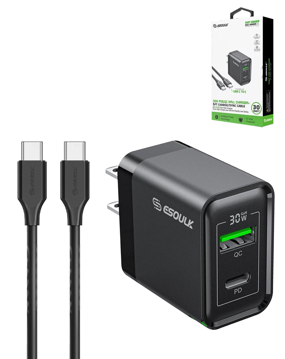 Esoulk PD&QC Wall Charger with C-C USB Cable (5ft) (30W) (BLACK) (Only Ground Shipping)