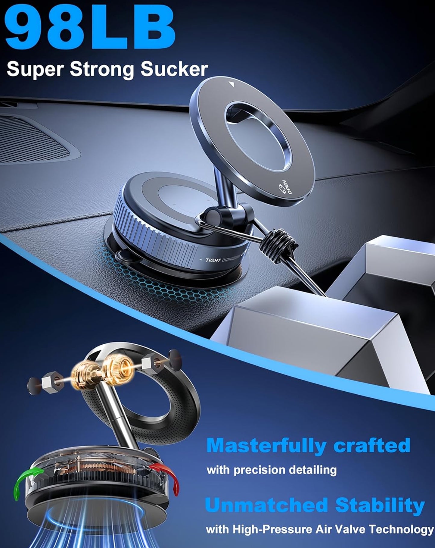 360° Adjustable Vacuum Suction Car Phone Holder for Magsafe - BLACK (Only Ground Shipping)