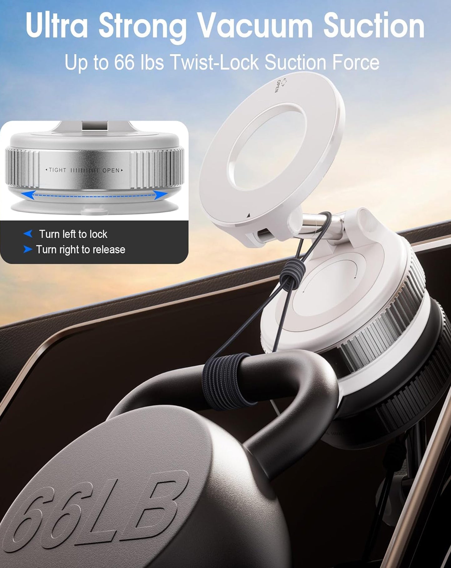 360° Adjustable Vacuum Suction Car Phone Holder for Magsafe - WHITE (Only Ground Shipping)