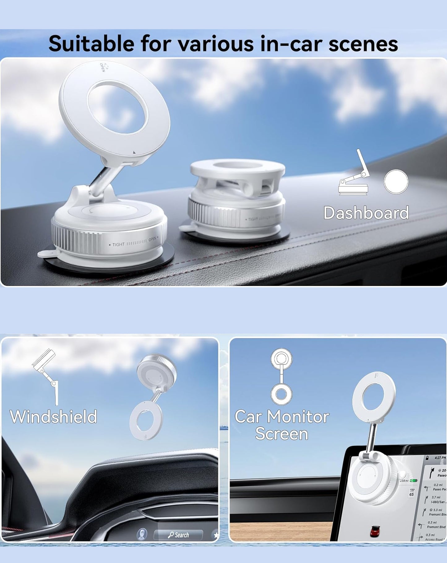 360° Adjustable Vacuum Suction Car Phone Holder for Magsafe - WHITE (Only Ground Shipping)